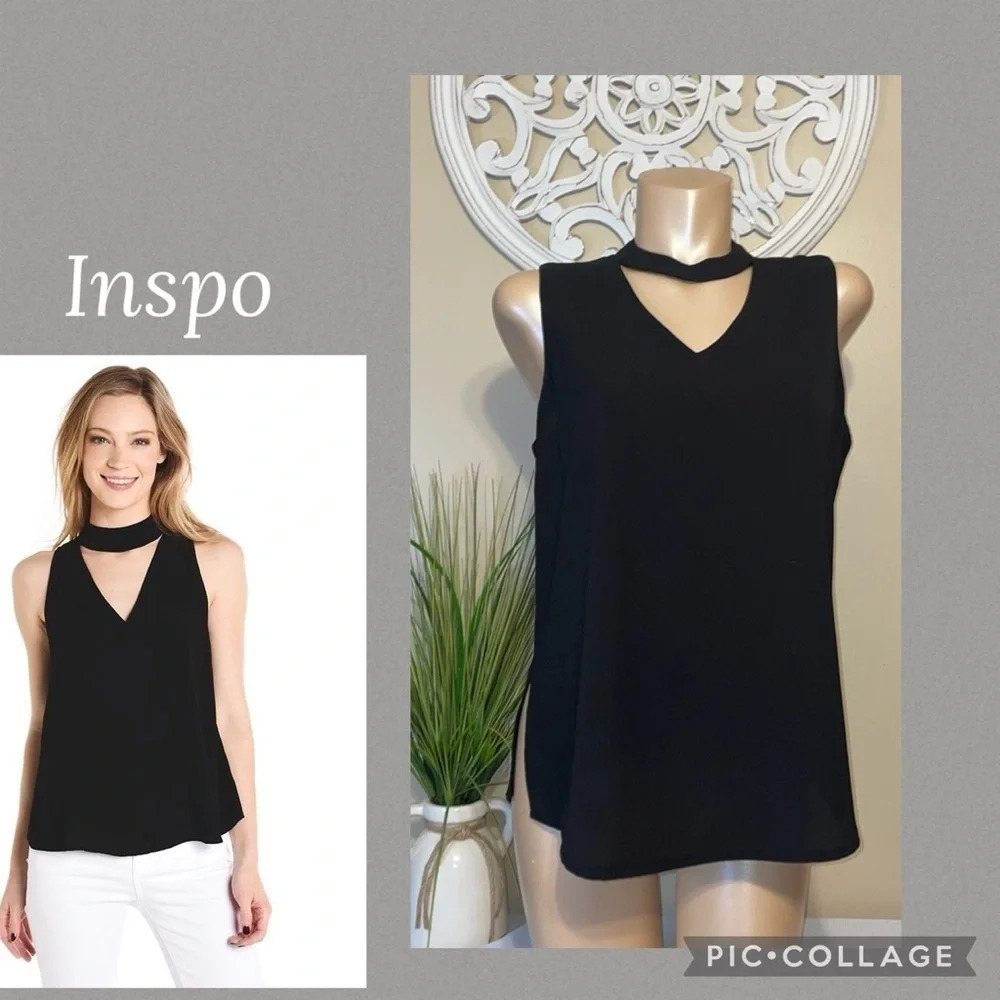 Zac & Rachel womens blouse Large Top shirt sleeveless black Keyhole vneck basic